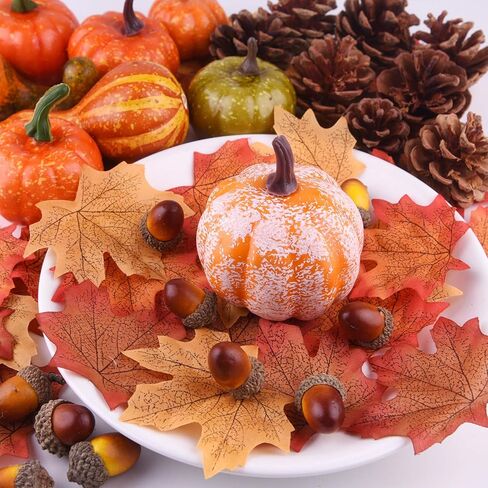 FEPITO 156 Pcs Fall Thanksgiving Decorations, Mini Artificial Pumpkins, Pine Cones, Fall Leaves, Acorns，Sun Flowers and Red Berries for Fall Party Decorations Thanksgiving Party Supplies in Saudi Arabia