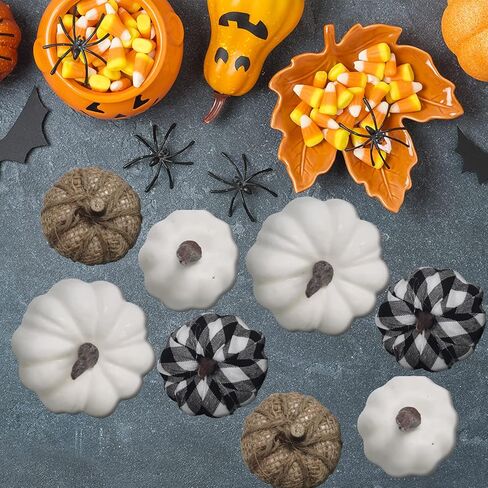 مجموعة يقطين صناعية متنوعة مكونة من 24 قطعة، يقطين ابيض، قماش منقوش باللونين الاسود والابيض والقرع والكتان بمقاسات مختلفة، يقطين صناعي واقعي للهالوين، ديكور حفلات عيد الشكر in Kuwait