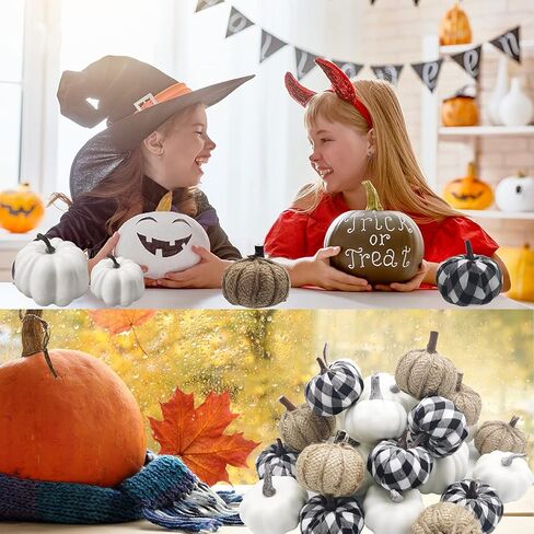 مجموعة يقطين صناعية متنوعة مكونة من 24 قطعة، يقطين ابيض، قماش منقوش باللونين الاسود والابيض والقرع والكتان بمقاسات مختلفة، يقطين صناعي واقعي للهالوين، ديكور حفلات عيد الشكر in Kuwait