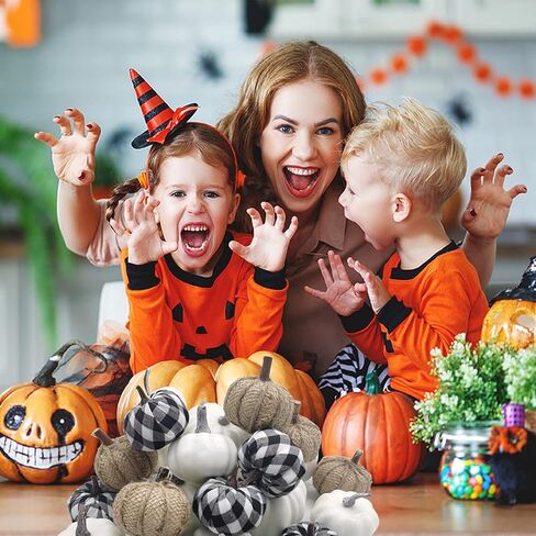 مجموعة يقطين صناعية متنوعة مكونة من 24 قطعة، يقطين ابيض، قماش منقوش باللونين الاسود والابيض والقرع والكتان بمقاسات مختلفة، يقطين صناعي واقعي للهالوين، ديكور حفلات عيد الشكر in Kuwait