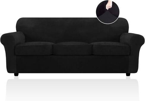 FestiCorp Velvet Sofa Cover, Couch Covers for 3 Cushion Couch Sofa Slipcovers for Sofas with 3 Cushions, Stretch 4 Piece Couch Cover, Thick Furniture Covers for Dogs Pets, Oversized Sofa, Black in Kuwait