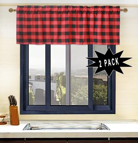 3-Piece Buffalo Check Tiers and Valances Set Green and Black Farmhouse Kitchen Window Curtain Rod Pocket Window Treatment Decor Curtain 3 in Saudi Arabia
