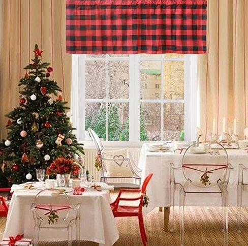 3-Piece Buffalo Check Tiers and Valances Set Green and Black Farmhouse Kitchen Window Curtain Rod Pocket Window Treatment Decor Curtain 3 in Saudi Arabia