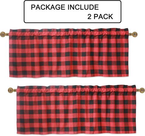 3-Piece Buffalo Check Tiers and Valances Set Green and Black Farmhouse Kitchen Window Curtain Rod Pocket Window Treatment Decor Curtain 3 in Saudi Arabia