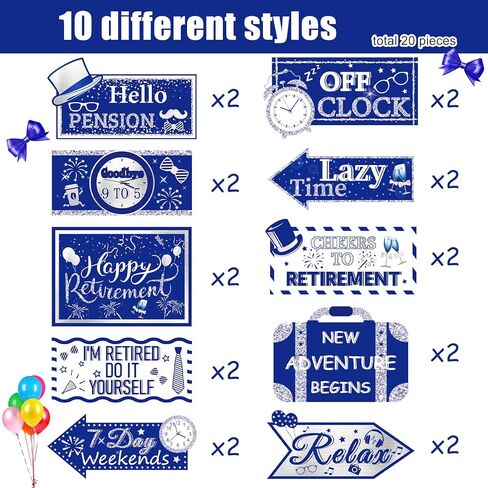 20 Pieces Retirement Party Decorations Happy Retirement banner Sign Directional Retired Yard Sign for Happy Retirement Party Supplies, 10 Styles (Black, Gold, White) in Kuwait