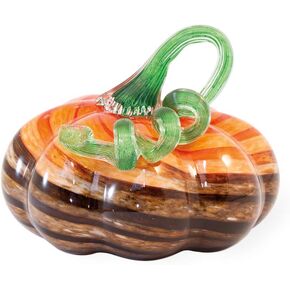 Boston International Decorative Handblown Glass Pumpkin Figurine, 5 x 8.5 in, Green and Gold