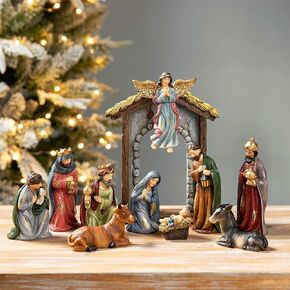 Glitzhome 11" H Guardian Angel with Holy Family, Christmas Tabletop Scene, Christmas Collectibles Figurines, Christmas Desk Nativity Ornaments, Gallery Resin Angel Wings Nativity Statue Decor