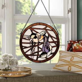 Stained Glass Window Hanging 12" Roud Tiffany Animal Style 3 Bird Suncatcher Wall Decor Artwork Panel Include 20" Chain and Hooks The Perfect Housewarming Gift