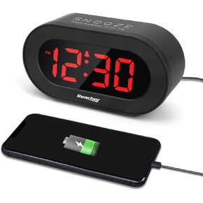 REACHER USB Charger Alarm Clock with Rainbow Dimmable Digital LED Display, Simple to Use, Adjustable Volume, Snooze, Small Size for Bedside, Nightstand, Kids, Bedroom