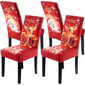 4PCS Christmas Dining Chair Covers, Stretch Removable Washable Dining Room Chair Protector Slipcovers, Snowflake Deer Kitchen Chair Cover, Slipcovers Protector for Xmas Holiday Party Home Décor