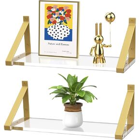 Gold Black Floating Shelves Wall Mounted Set of 2, 8mm Transparent Acrylic, Invisible Wall Shelves for Bedroom, Living Room, Bathroom, Kitchen, Office Display Decor (13in)
