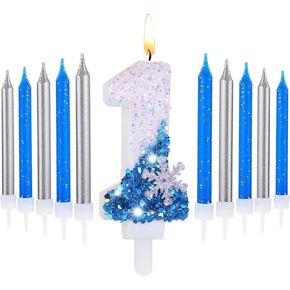2.8" Frozen Birthday Candles Snowflake Number Candles with 10 Pcs Long Thin Candles Blue Number 0-9 for Cake Topper Birthday Frozen Birthday Supplies(Number 1)