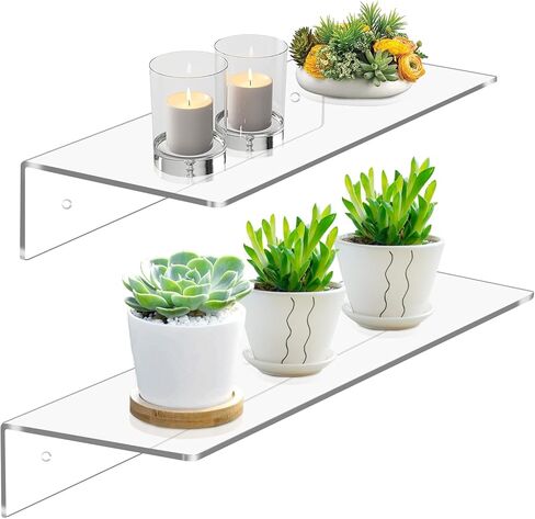 ديسبلاي فور توب رف اكريليك شفاف، رف كتب عائم يثبت على الحائط للمجموعات وكتب الاطفال والنباتات في المكتب وغرفة النوم وغرفة المعيشة، مجموعة من قطعتين (12 انش و16 انش) in Kuwait