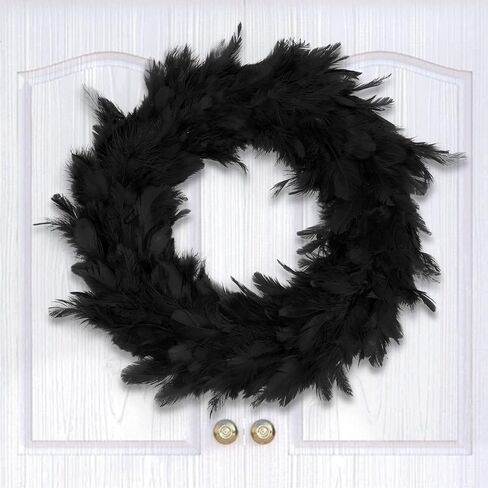 DomeStar 11 Inch Black Feather Wreath, Halloween Front Door Wreath for Decoration Wreath Crafts Party Favors Halloween Photo Props in Saudi Arabia