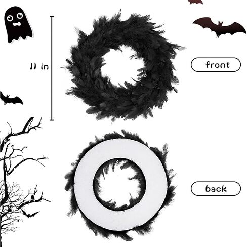 DomeStar 11 Inch Black Feather Wreath, Halloween Front Door Wreath for Decoration Wreath Crafts Party Favors Halloween Photo Props in Saudi Arabia