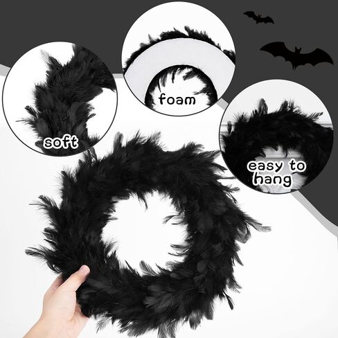 DomeStar 11 Inch Black Feather Wreath, Halloween Front Door Wreath for Decoration Wreath Crafts Party Favors Halloween Photo Props in Saudi Arabia
