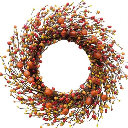 TEMPUS Fall Berry Wreath, 20" Autumn Orange Front Door Wreath Harvest Wreath with Pumpkins, Acorns Artificial Wreath for Front Door Home Decor Thanksgiving Harvest Festival Decor in Kuwait