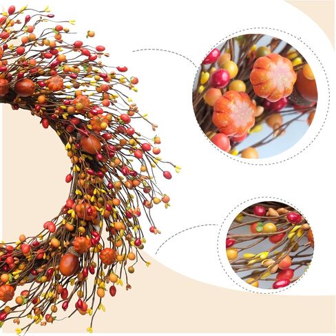 TEMPUS Fall Berry Wreath, 20" Autumn Orange Front Door Wreath Harvest Wreath with Pumpkins, Acorns Artificial Wreath for Front Door Home Decor Thanksgiving Harvest Festival Decor in Kuwait
