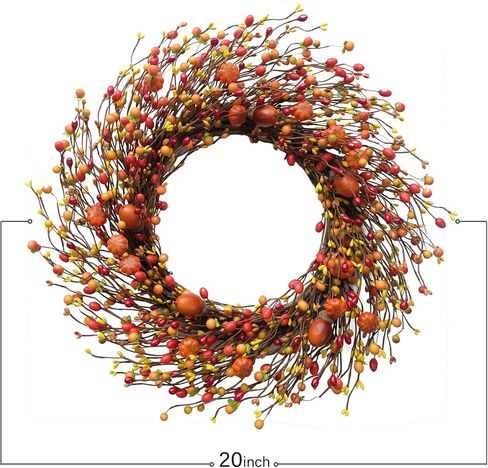 TEMPUS Fall Berry Wreath, 20" Autumn Orange Front Door Wreath Harvest Wreath with Pumpkins, Acorns Artificial Wreath for Front Door Home Decor Thanksgiving Harvest Festival Decor in Kuwait