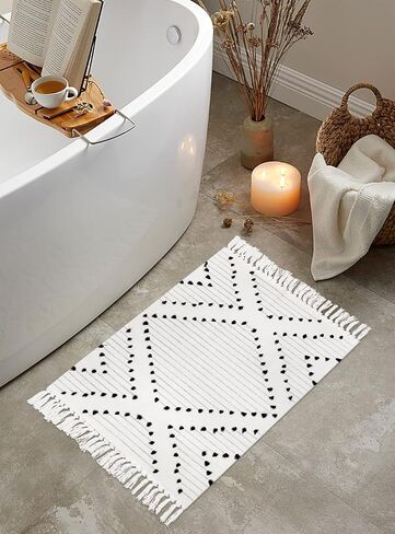 سجادة حمام LIVEBOX Boho مقاس 2 × 3 بوصة سجادة سوداء قابلة للغسل سجادة مغربية صغيرة للحمام، سجادة منطقة منسوجة من القطن مع شرابة لمدخل حوض المطبخ والباب الأمامي in Kuwait