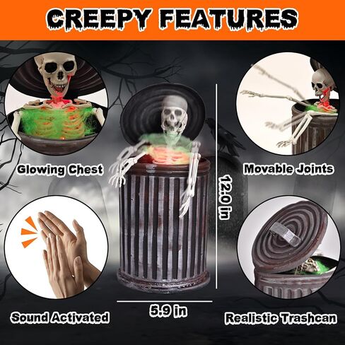 Presence 12" Halloween Animated Trashcan Skeleton, Spirit Activated Animatronic Halloween Decorations with Scary Sounds and Movable Posable Joints, Indoor Haunted House Party Home Props Decor in Saudi Arabia
