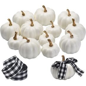 Emuya 12 PC White Pumpkins Decor for Decorating - Gold Stem, & 16' Buffalo Plaid Ribbon, 3 Sizes Faux Mini Pumpkins in Foam Plastic - for Crafts, Halloween, Friendsgiving, Thanksgiving in Saudi Arabia