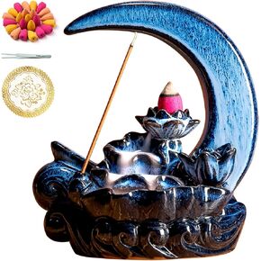 Moon Incense Burner with 60 Incense Cones + 30 Incense Stick, Ceramic Waterfall Incense Burner, Backflow Incense Holder for Aromatherapy Ornament Home Decor (Black)
