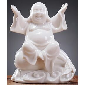 Small Ceramic White Laughing Buddha Statue for Good Luck, Lucky Happy Buddha Statue Sitting on Money Bag for Good Luck and Prosperity in Saudi Arabia