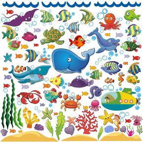 122 قطعة من ملصقات الحائط بتصميم اسماك تحت البحر لحمام الاطفال وحضانة الاطفال، ملصقات سهلة التقشير واللصق مع السلاحف والدوفين والشعاب المرجانية والمزيد، ديكور قابل للازالة بطابع المحيط in Kuwait