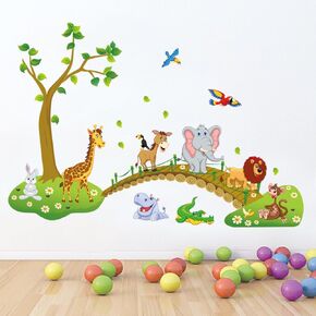 decalmile Jungle Animals Tree Wall Stickers Lion Giraffe Elephant Walking on Bridge Wall Decals Kids Room Baby Room Nursery Bedroom Wall Decor(Finished Size: 48.8 Inch x 31 Inch) in Saudi Arabia
