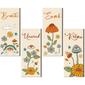 4 Pcs 60s 70s Retro Boho Floral Bathroom Wall Decor Orange Relax Soak Unwind Breathe Wall Art Funky Flower Eyes Vintage Hanging Bath Sign Hippie Abstract Bathroom Decor (Hippie Style, 11 x 3.5 Inch) in Kuwait