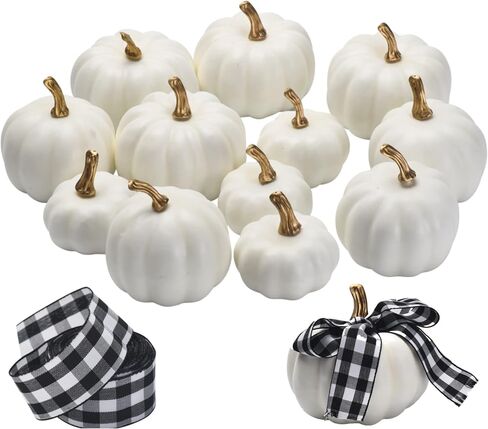 Emuya 12 PC White Pumpkins Decor for Decorating - Gold Stem, & 16' Buffalo Plaid Ribbon, 3 Sizes Faux Mini Pumpkins in Foam Plastic - for Crafts, Halloween, Friendsgiving, Thanksgiving in Saudi Arabia