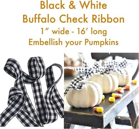 Emuya 12 PC White Pumpkins Decor for Decorating - Gold Stem, & 16' Buffalo Plaid Ribbon, 3 Sizes Faux Mini Pumpkins in Foam Plastic - for Crafts, Halloween, Friendsgiving, Thanksgiving in Saudi Arabia
