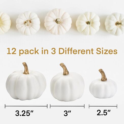 Emuya 12 PC White Pumpkins Decor for Decorating - Gold Stem, & 16' Buffalo Plaid Ribbon, 3 Sizes Faux Mini Pumpkins in Foam Plastic - for Crafts, Halloween, Friendsgiving, Thanksgiving in Saudi Arabia