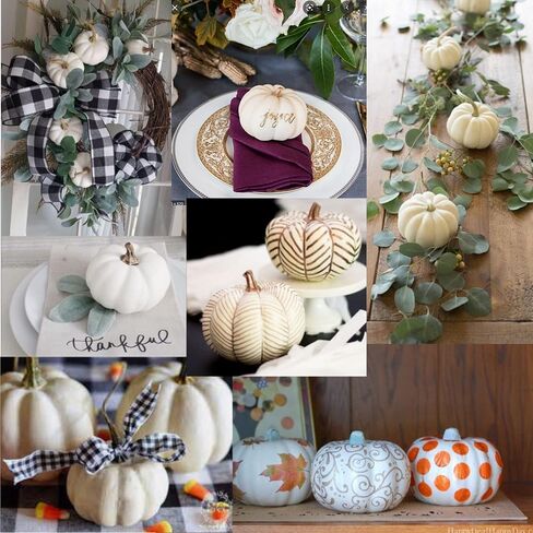 Emuya 12 PC White Pumpkins Decor for Decorating - Gold Stem, & 16' Buffalo Plaid Ribbon, 3 Sizes Faux Mini Pumpkins in Foam Plastic - for Crafts, Halloween, Friendsgiving, Thanksgiving in Saudi Arabia