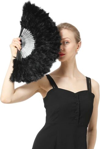 إكسسوارات ريش قابلة للطي باليد من Marabou Fan للسيدات البالغات لتزيين حفلات الهالوين - أبيض - Z in Kuwait