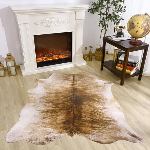 Amearea Faux Cow Hide Rug 3.2x2.3 Feet, Premium Western Home Decor Cow Print Rugs for Living Room, Faux Leather Animal Cowhide Carpet for Bedroom, Dining Traditional Cow Print Stuff Carpets, Brown in Kuwait