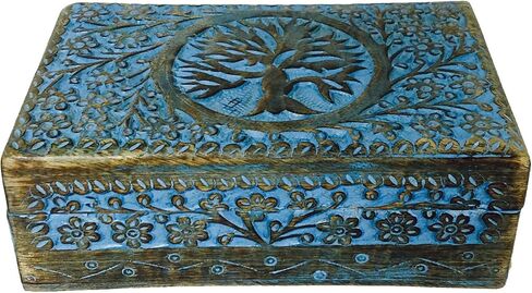 Vrinda® Hand-Carved Wooden Box - Decorative Treasure Chest Box – Flower of Life Pattern - Exquisite Storage Solution – Ideal for Jewellery, Watches, Others - Brown, 8X5 Inch in Kuwait