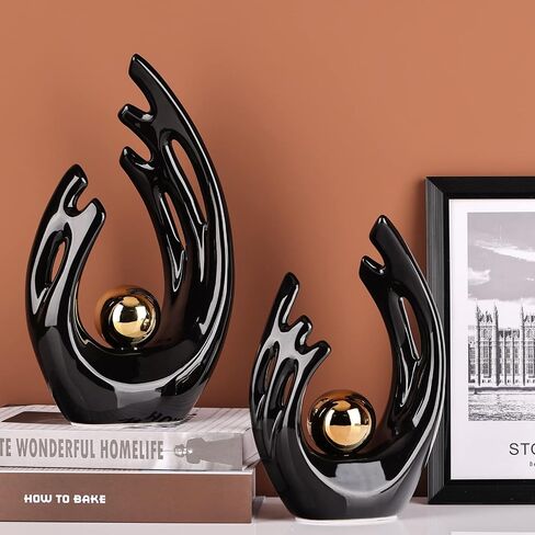 9.5"H Black Aesthetic Room Decor Accent, Tv Stand Funky Table Centerpiece Black, Abstract Art Ceramic Statue And Sculpture, Black decor for living room, bookshelf decorative objects, shelf decor in Kuwait