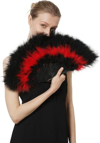 Marabou Feather Folding Fan with Peacocks 20s Vintage Style Flapper Hand Fan For Costume Dancing Party-White-5 Peacocks in Kuwait