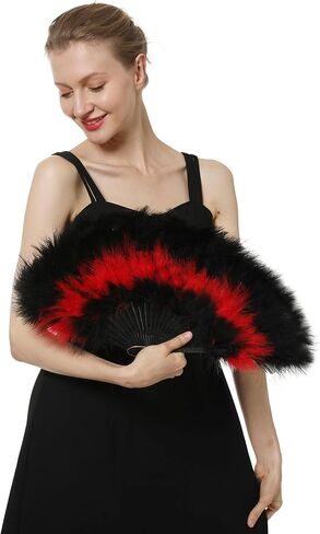 Marabou Feather Folding Fan with Peacocks 20s Vintage Style Flapper Hand Fan For Costume Dancing Party-White-5 Peacocks in Kuwait