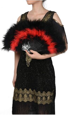 Marabou Feather Folding Fan with Peacocks 20s Vintage Style Flapper Hand Fan For Costume Dancing Party-White-5 Peacocks in Kuwait