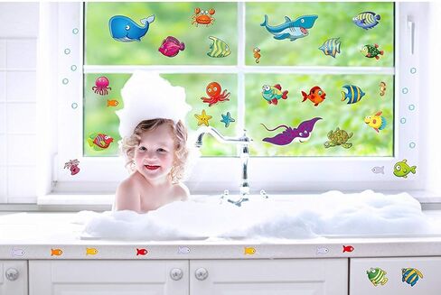 122 قطعة من ملصقات الحائط بتصميم اسماك تحت البحر لحمام الاطفال وحضانة الاطفال، ملصقات سهلة التقشير واللصق مع السلاحف والدوفين والشعاب المرجانية والمزيد، ديكور قابل للازالة بطابع المحيط in Kuwait