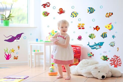 122 قطعة من ملصقات الحائط بتصميم اسماك تحت البحر لحمام الاطفال وحضانة الاطفال، ملصقات سهلة التقشير واللصق مع السلاحف والدوفين والشعاب المرجانية والمزيد، ديكور قابل للازالة بطابع المحيط in Kuwait