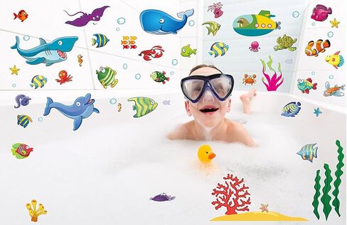 122 قطعة من ملصقات الحائط بتصميم اسماك تحت البحر لحمام الاطفال وحضانة الاطفال، ملصقات سهلة التقشير واللصق مع السلاحف والدوفين والشعاب المرجانية والمزيد، ديكور قابل للازالة بطابع المحيط in Kuwait