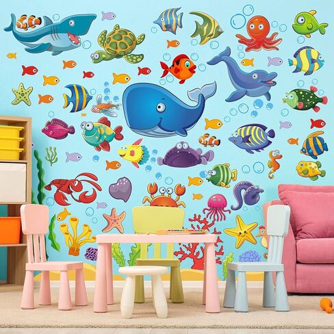 122 قطعة من ملصقات الحائط بتصميم اسماك تحت البحر لحمام الاطفال وحضانة الاطفال، ملصقات سهلة التقشير واللصق مع السلاحف والدوفين والشعاب المرجانية والمزيد، ديكور قابل للازالة بطابع المحيط in Kuwait