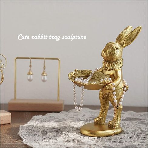 FANTESTICRYAN Small Bunny Statue Decor Jewelry Tray, Cute & Retro Golden Ornament Easter Rabbit Figurine for Accessories, Boutiques Display, Trinket Holder for Night Stand Home Décor (Seated Bunny) in Saudi Arabia