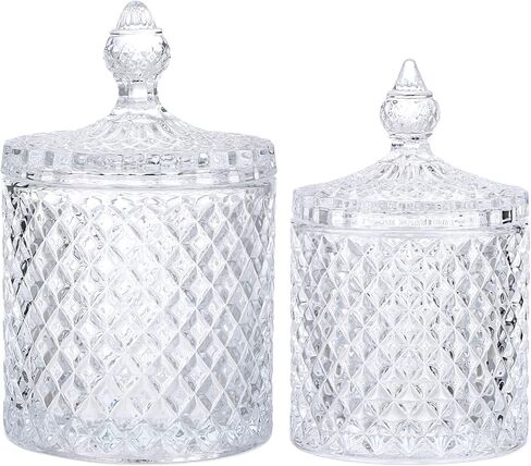 Hipiwe Glass Qtip Holder with Lid - Set of 2 Cotton Swabs and Ball Holder Crystal Apothecary Jar Set Bathroom Storage Canisters Vanity Organizer for Cotton Pads, Candy Storage (Large+Small) in Saudi Arabia