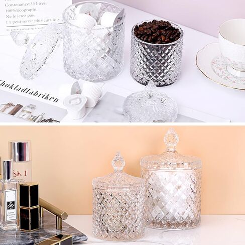 Hipiwe Glass Qtip Holder with Lid - Set of 2 Cotton Swabs and Ball Holder Crystal Apothecary Jar Set Bathroom Storage Canisters Vanity Organizer for Cotton Pads, Candy Storage (Large+Small) in Saudi Arabia