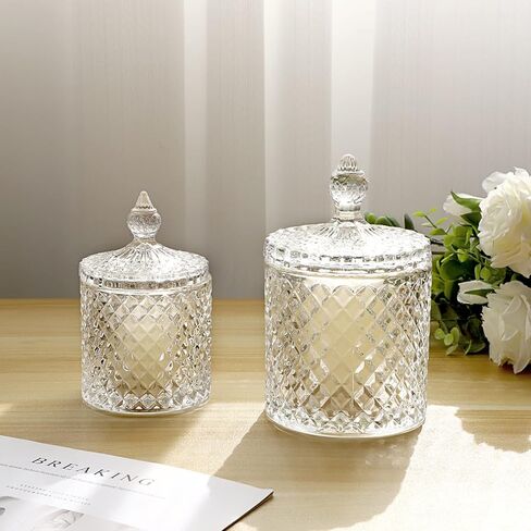 Hipiwe Glass Qtip Holder with Lid - Set of 2 Cotton Swabs and Ball Holder Crystal Apothecary Jar Set Bathroom Storage Canisters Vanity Organizer for Cotton Pads, Candy Storage (Large+Small) in Saudi Arabia